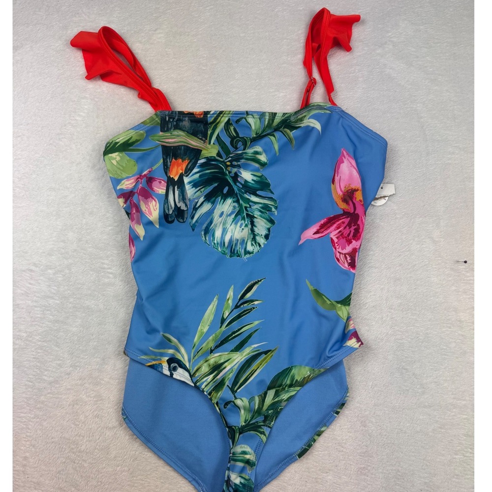 Outdoor Oasis Tropical Toucan Ruffle Strap One Piece Swimsuit Blue Large